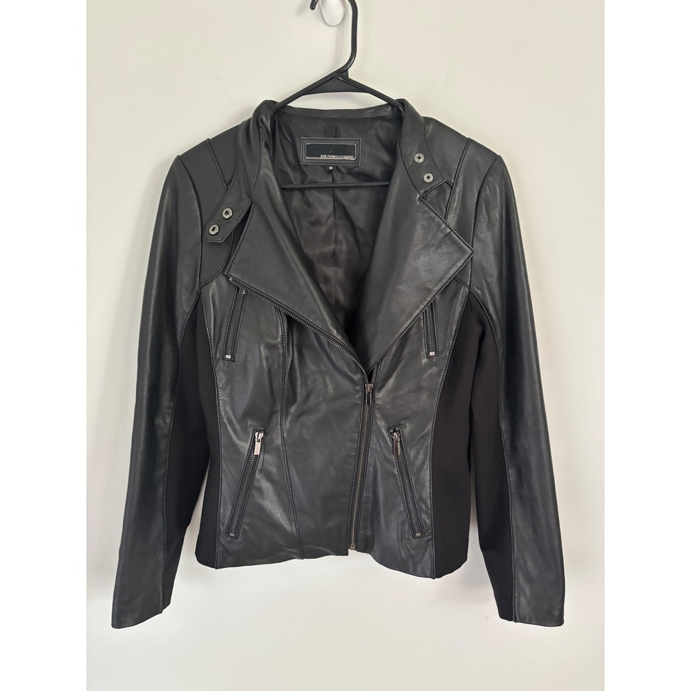 Wilsons Leather Black Moto Jacket Mixed Media Knit Panel Asymmetric Zip Womens M